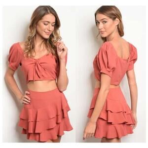 Essue Amber Coral 2-Piece Set, Size S, Puff Sleeve Crop Top & Ruffled Mini Skirt
